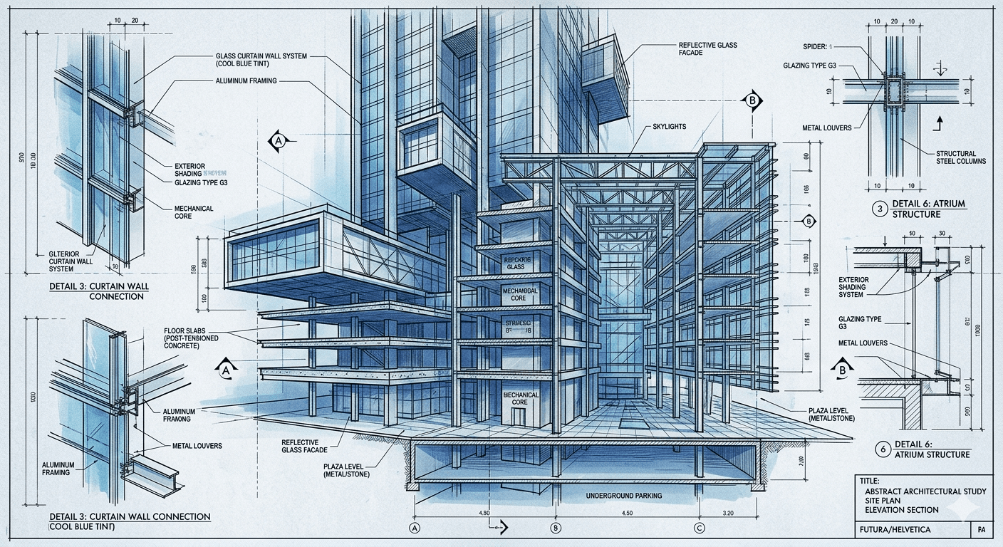 Abstract architectural diagram, cool blue tones, glass/metal aesthetic. No people.